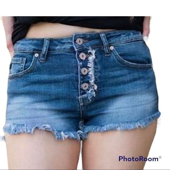 KanCan Jean denim Shorts - Size SMALL - KC8576D raw Hem exposed button fly - Picture 1 of 5